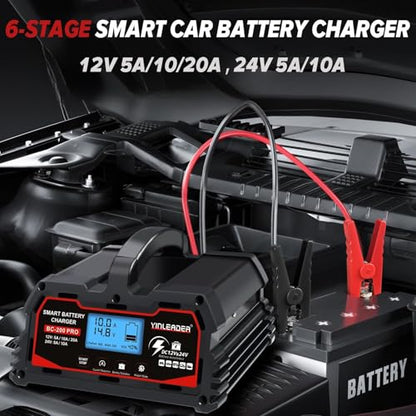 Battery Charger 20A, 12V/24V Lead Acid Smart Battery Charger, 12V LiFePO4 Car Battery Trickle Charger, Automatic Battery Maintainer for Car Motorcycle Lawn Mower Marine Boat Lead Acid Batteries - size: 20A