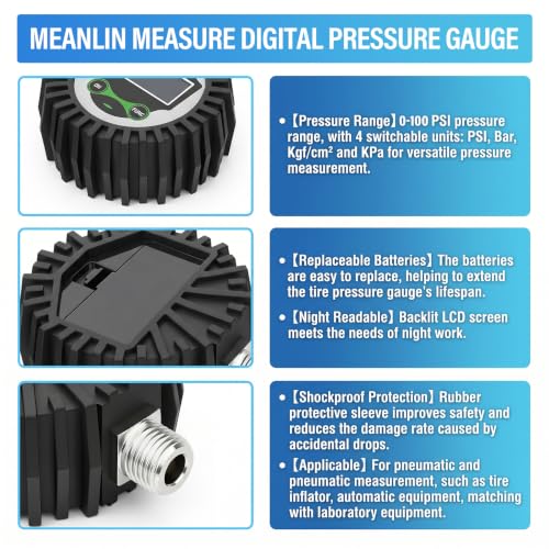 MEANLIN MEASURE Digital Pressure Gauge 0-100 PSI, 1/4" NPT Lower Mount Pressure Gauge with Rubber Protective Cover, Suitable for Pneumatic System, Tire Inflator Pump Air Pressure Measurement - size: 0-100 PSI
