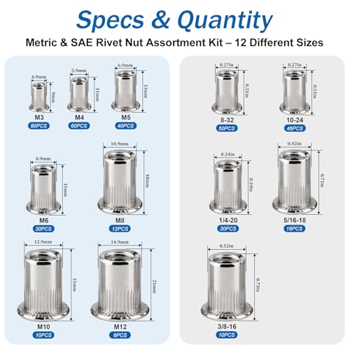 390Pcs Rivet Nut Kit, Metric & SAE Rivnut Assortment Set M3 M4 M5 M6 M8 M10 M12#8-32#10-24 1/4"-20 5/16"-18 3/8"-16 304 Stainless Steel Nutsert Flat Head Threaded Inserts for Metal, Automotive - size: SS Metric & SAE 390pcs