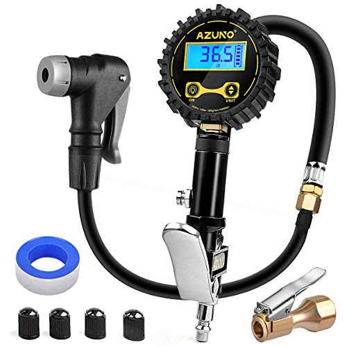 AZUNO Digital Bicycle Tire Inflator Gauge, Auto-Select Presta & Schrader | 200 PSI Digital Gauge, Auto-Select Valve, Air Compressor Ready, Brass Chuck, Rubber Hose, Oxford Storage Bag - size: Digital