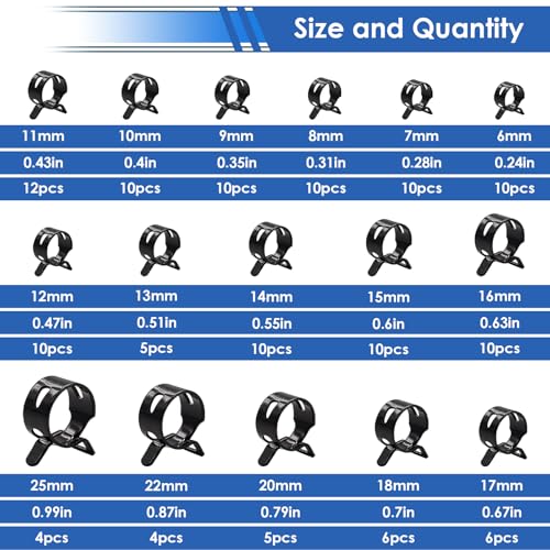 smseace 132Pcs 6-25mm Spring Hose Clamps With Hose Clamp Plier 16-sizes Constant Tension Hose Clamp used for Fuel Line，Vacuum Hose，Air Hose Spring Band Hose Clamp Kit - size: 6-25mm 132pcs
