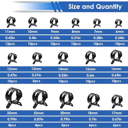 smseace 132Pcs 6-25mm Spring Hose Clamps With Hose Clamp Plier 16-sizes Constant Tension Hose Clamp used for Fuel Line，Vacuum Hose，Air Hose Spring Band Hose Clamp Kit - size: 6-25mm 132pcs