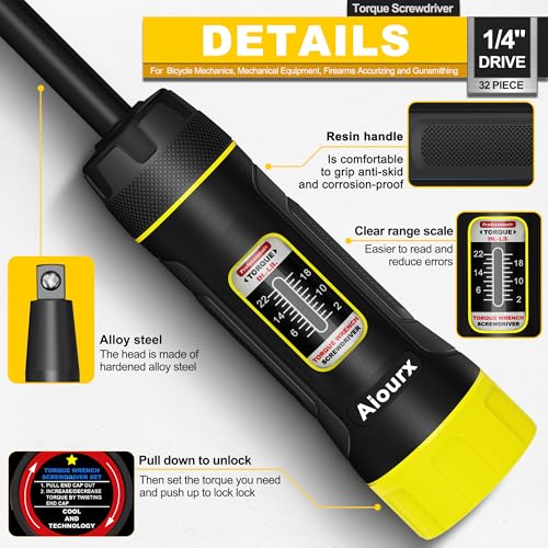 Long Shank Torque Screwdriver Set, 2-22 Inch Pounds lbs, 32 Piece 1/4" Drive Torque Screwdriver Wrench with S2 Steel Bits for Bicycle Mechanics, Mechanical Equipment, and Mounting - size: 2-22inch L