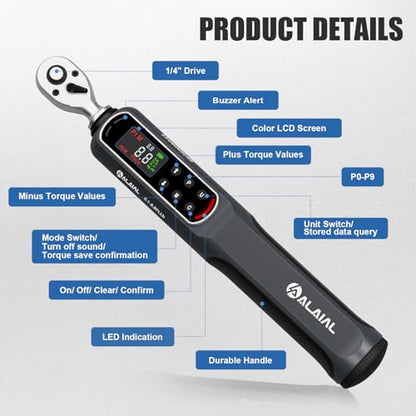 1/4 Drive Digital Torque Wrench, 0.1-8.8 Ft.Lb/0.2-12 Nm Drive Dual Direction Rachet Torque Wrench with Vibration, Buzzer and LED Alert, Electronic Torque Wrench for Bike Motorcycle Car Repair - size: 0.1-8.8 Ft.Lb/0.2-12 Nm-1/4"