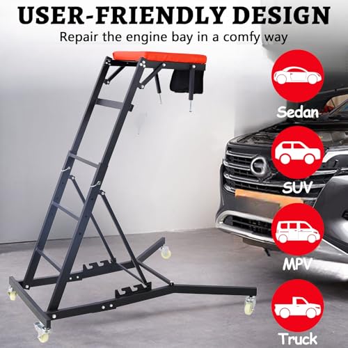 Adjustable Automobile Topside Creeper 42.5"-66" High Range with Wheels & Tool Pouch & Padded Deck, 330 Lbs Capacity, Foldable Automotive Engine Creeper for Trucks Garage Auto Repair Maintenance