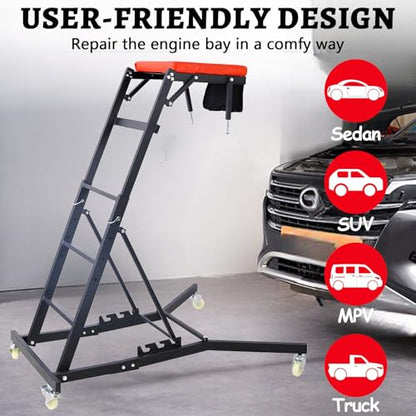 Adjustable Automobile Topside Creeper 42.5"-66" High Range with Wheels & Tool Pouch & Padded Deck, 330 Lbs Capacity, Foldable Automotive Engine Creeper for Trucks Garage Auto Repair Maintenance