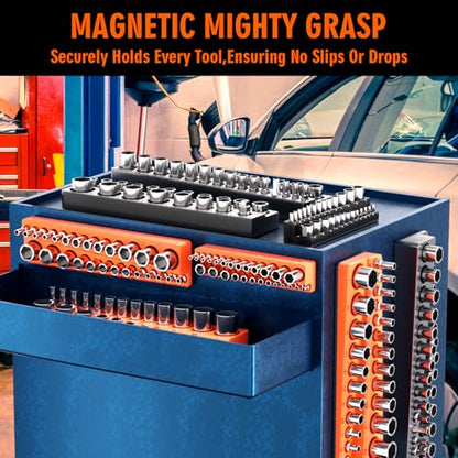 Magnetic Socket Organizer Holder Set – 8-Piece Tool Organizers Including 1/4", 3/8" and 1/2" Drive Socket Holder Metric & SAE 207 Pieces Socket Trays (Sockets are not Included)