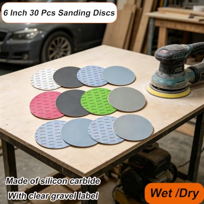 30PCS 6 Inch Wet Dry Sanding Discs for Dremel Tool Accessories,1000/1500/2000/3000/5000 Grit Hook and Loop Sandpaper Used for Random Orbital Sander,Metal,Resin Polishing - size: 6Inch-30PCS