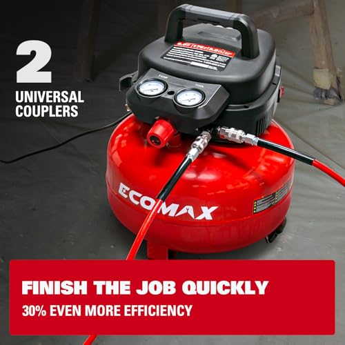 ECOMAX 6 Gal Pancake Air Compressor 175PSI, 3 CFM @ 90 PSI w/25 FT Air Hose | Oil-Free Pump, Dual Quick Couplers, 1.5HP Compressor for Air Tools, Car Tires, Garage & Shop - style: Air Hose