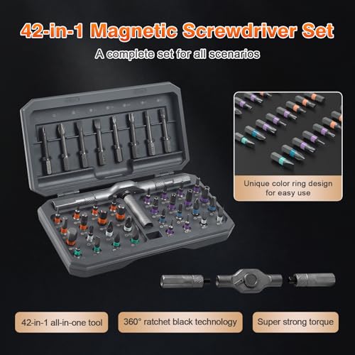42 in 1 Magnetic Ratchet Screwdriver Set With Case | Multi-Bit Repair Tool Kit, S2 Alloy Steel Bits, T-Handle, Suitable for Home Daily Repair, DIY, Car, Bike - size: 42 in 1