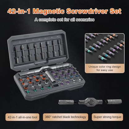 42 in 1 Magnetic Ratchet Screwdriver Set With Case | Multi-Bit Repair Tool Kit, S2 Alloy Steel Bits, T-Handle, Suitable for Home Daily Repair, DIY, Car, Bike - size: 42 in 1