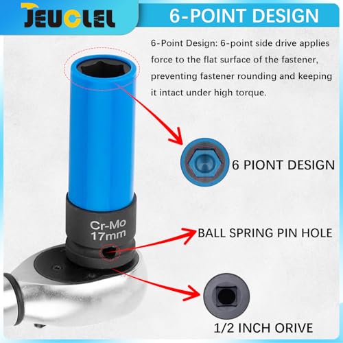 18PCS 1/2" Drive Lug Nut Socket Set, Thin Wall Lug Nut Sockets with Colored Protective Covers, 6 Point & 12 Point Twist Double Ended Twist Socket Set, Flower Head, Impact Extension Bar