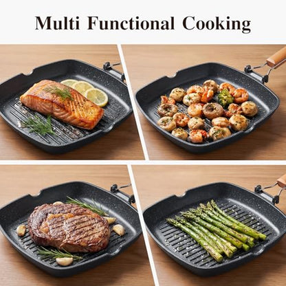 GiPP Nonstick Grill Pan with Folding Handle,Square Grill Skillet, Grilling Pan with Pour Spouts, Versatile Griddle Steak Pan for All Stove,PFOA Free,11 Inch - size: 11"*11"