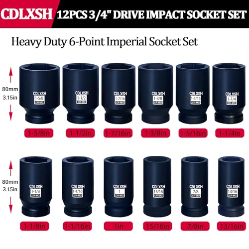 3/4 Inch Deep Impact Socket Set, Standard 6-Point SAE Socket Set | 12 Pcs Heavy Duty Drive Impact Sockets(13/16"-1-5/8"), Cr-Mo Steel, Overall Heat Treatment for Vehicle and Equipment Repair - style: zxttgj-3/4-12PC-SAE Socket