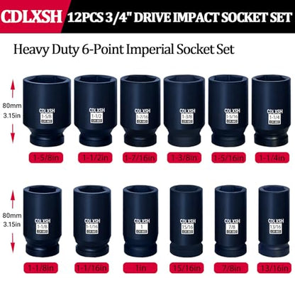 3/4 Inch Deep Impact Socket Set, Standard 6-Point SAE Socket Set | 12 Pcs Heavy Duty Drive Impact Sockets(13/16"-1-5/8"), Cr-Mo Steel, Overall Heat Treatment for Vehicle and Equipment Repair - style: zxttgj-3/4-12PC-SAE Socket