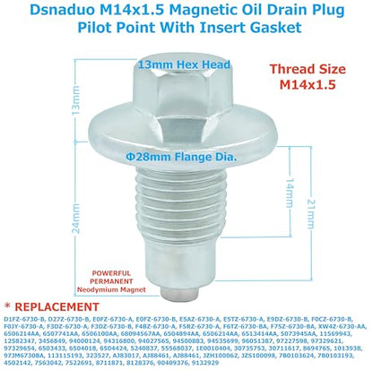 5PCS M14x1.5 Magnetic Oil Drain Plug Pilot Point With Insert Gasket fit for Ford, Chrysler, Dodge, Jeep, Ram, Jaguar, Land Rover, Chevrolet 6507741AA, F6TZ-6730-BA, 65324, 090-161, 090-938CD, 090-115