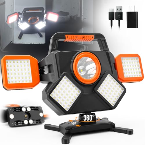 Tresda 5000LM Rechargeable Work Light, Magnetic LED Work Light with 360° Adjustable Foldable Design, 8000mAh Battery Powered Portable Work Light for Car Repair, Garage, Workshop, Camping & Emergency