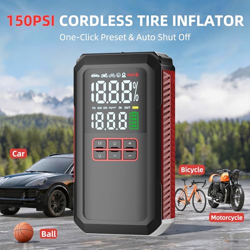 5000A Car Battery Jump Starter with Air Compressor 160PSI, Battery Jumper Starter Portable 7.0L Gas/6.0L Diesel, Jumper Cables, Car Battery Charger with Power Bank & Light, Roadside Emergency Kit