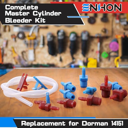 Enhon Master Cylinder Bleeder Kit Replacement for 14151, 22 inch Hose, Clip, SAE and Metric Fittings Universal Fit, Complete Brake Bleeder Kit with PTFE Tape