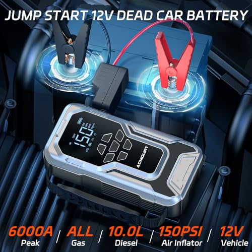 Acmount D18 Jump Starter with Air Compressor, 6000A Car Battery Jumper Starter Portable(All Gas/10.0L Diesel), 150PSI Tire Inflator Air Pump, 12V Jump Pack, 800LM Flashlight, Car Gift for Men
