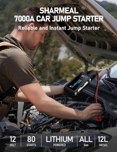 Sharmeal Jump Starter 7000A, 12V Car Battery Jump Starter with USB Quick Charge (Up to All Gas or 12.0L Diesel Engine), Battery Booster with 3 Modes Flashlight and Jumper Cable - color: Black-7000A+Charger Block