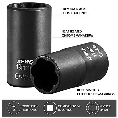 XEWEA 9PCS Lug Nut Extractor Set, 1/2" Drive Impact Bolt Nut Remover Socket Tool, Wheel Lock Removal Kit, Easy Out Extractor Set for Damaged, Frozen, Rusted, Rounded-Off Bolts Nuts - color: 9pcs 1/2" Drive