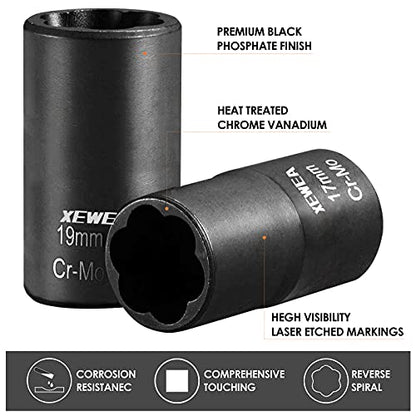 XEWEA 9PCS Lug Nut Extractor Set, 1/2" Drive Impact Bolt Nut Remover Socket Tool, Wheel Lock Removal Kit, Easy Out Extractor Set for Damaged, Frozen, Rusted, Rounded-Off Bolts Nuts - color: 9pcs 1/2" Drive