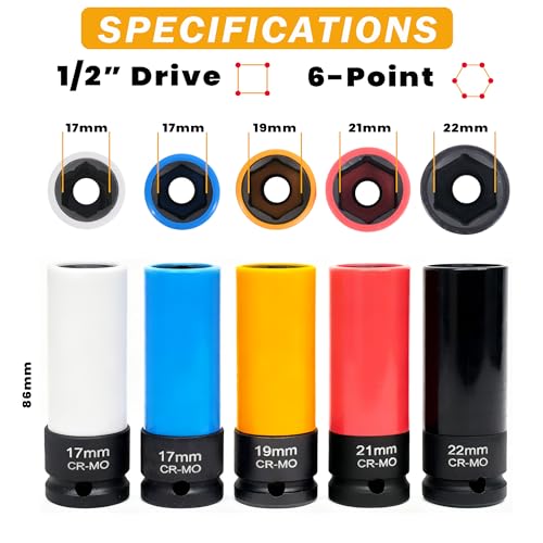 5Pcs Lug Nut Socket Set, 1/2" Drive Metric 17mm 19mm 21mm 22mm | Include Benz Convex Flower Head Bolt, Thin Wall Deep Socket Set with Non-Marring Wheel Protectors Automotive Wheel Nut Socket - color: 5pcs