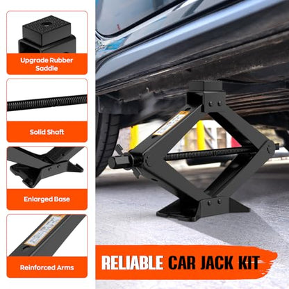 Universal Scissor Jack 3 Ton, Portable Car Jack Kit 3 Ton with Lug Wrench, Heavy Duty Tire Changing Kit, Emergency Lifting Jack for Car SUV ATV
