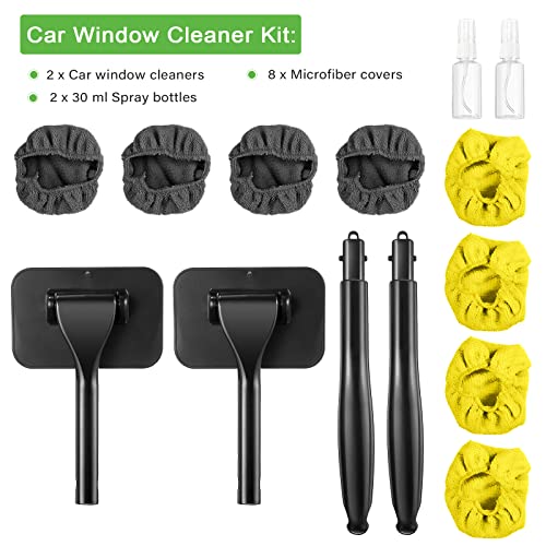 Frienda 2 Set Windshield Cleaner Tool Inside Car Windshield Cleaning Wand Auto Window Cleaner with Detachable Handle, 8 Reusable Microfiber Pads and 2 Spray Bottles for Car Interior(Gray, Yellow) - color: Gray, Yellow