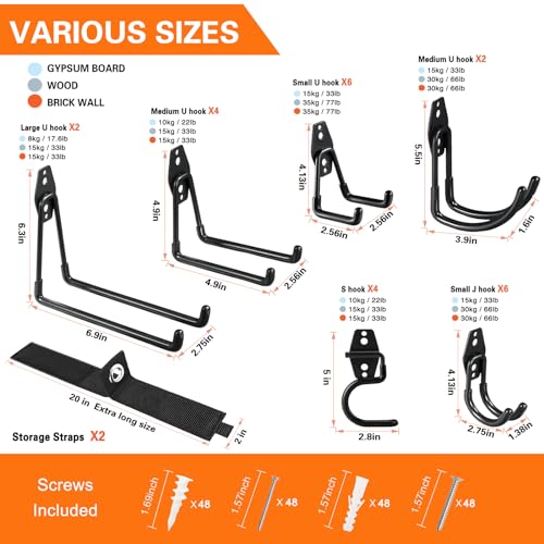 HUPBIPY 26 Pack Garage Hooks Heavy Duty Utility Steel with Anti-Slip Coating Wall Mount Storage Organizer for Hanging Power and Garden Tools, Ladders, Hose, Bikes, Ropes, Bulk Items, and More | Storage Organizer With a non-slip coating for Hanging Bicycle