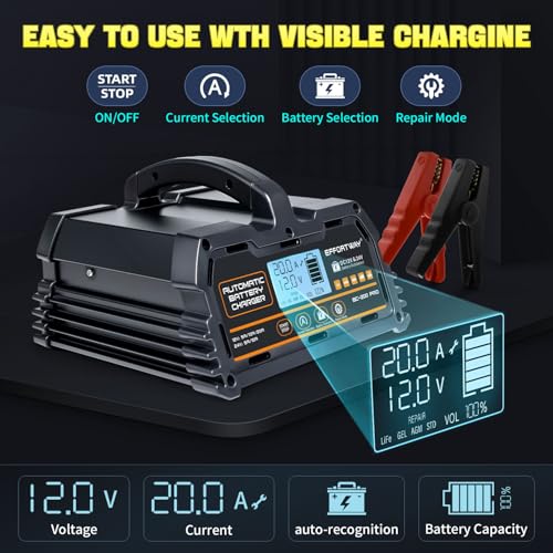 20A 12V/24V Battery Charger,Lead Acid Charger, 12V LiFePO4 Charger. Smart Battery Charger with Trickle Charge.Car Battery Maintainer with LCD Display. Suitable for Trucks,AMG,Motorcycles - size: 20A