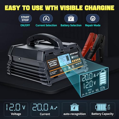20A 12V/24V Battery Charger,Lead Acid Charger, 12V LiFePO4 Charger. Smart Battery Charger with Trickle Charge.Car Battery Maintainer with LCD Display. Suitable for Trucks,AMG,Motorcycles - size: 20A