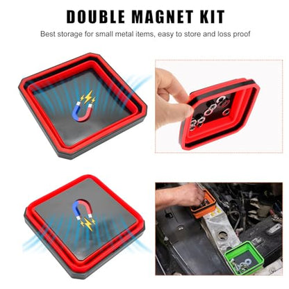 Yourkar Collapsible Magnetic Parts Tray, 4.5 Inch Foldable Magnetic Square Silicone Tray, Tool Tray Set with Double-Sided Magnetic Base for Screw Bolts Nuts Pins, Car Accessories (Red) - color: Red, 1 PCS