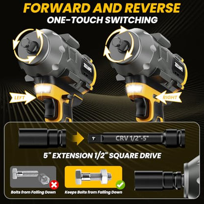 Cordless Impact Wrench 1/2 inch for Dewalt Battery, Impact Wrench 1360N.m(950Ft-lbs) High Torque Brushless Electric Impact Gun, Power Impact Driver with 3-Mode Speed, LED Work Light(no battery)