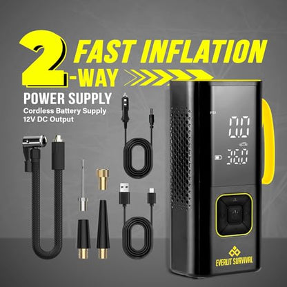 EVERLIT All-in-One Tire Repair Kit with Air Compressor – 150 PSI Portable Cordless Tire Inflator & Plug Kit – Flat Tire Emergency Roadside Kit for Car, SUV, Truck & Motorcycle Fast Repair & Inflation