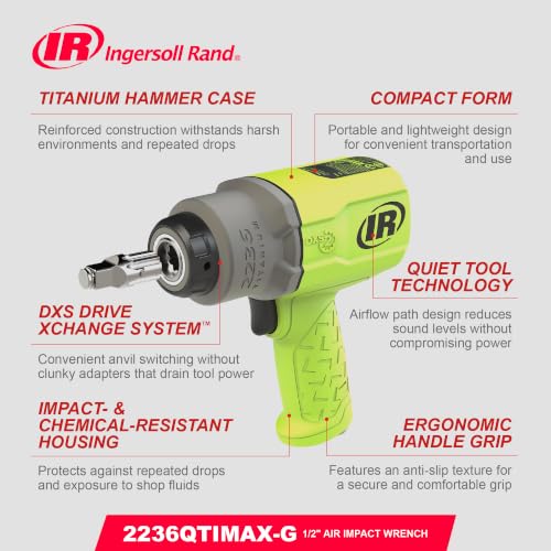 Ingersoll Rand 2236QTIMAX-G DXS2 1/2" Air Impact Wrench, Quiet, 1500 ft-lb Torque, Titanium Hammercase, Friction Ring Retainer, Green - size: Standard Anvil (Single Unit), style: 2236 DXS2, Standard Anvil, Green