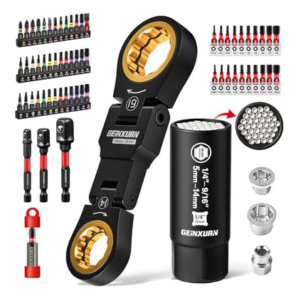 GEINXURN 68PCS Stubby Wrenches Bit Set, 72-Tooth Flex-Head Double Box End Mini Ratcheting Wrench Set Metric (10-19mm) with Screwdriver Bits, 1/4" Universal Socket for Computer, Auto & Bicycle Repair