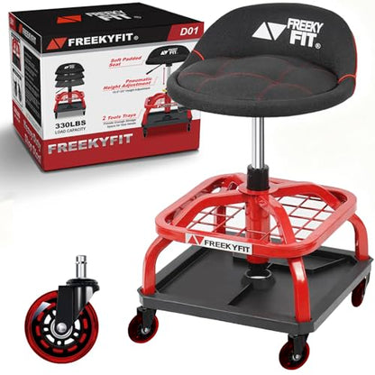 Rolling Stool with Red Wheels, Heavy Duty Garage Work Mechanic Rolling Shop Stool with Backrest, Adjustable Height 360°Swivel Roller Mechanic Chair with 2 Tool Trays, 330 LBS Capacity - color: Red Stool With Red Casters