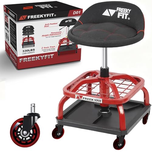 Rolling Stool with Red Wheels, Heavy Duty Garage Work Mechanic Rolling Shop Stool with Backrest, Adjustable Height 360°Swivel Roller Mechanic Chair with 2 Tool Trays, 330 LBS Capacity - color: Red Stool With Red Casters