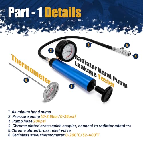 21pc Coolant Pressure Tester Kit, 15 Radiator Adapters & Wrench, with Vacuum Pump & Probe Thermometer for Automotive Cooling System Pressure Tester Kit - size: 21PC