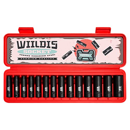 WIILDIS 14 Pieces 3/8-Inch Drive Deep Impact Socket Set, 7mm to 21mm, CR-V, Metric, 6-Point, 14 Pieces 3/8" Dr. Socket - size: METRIC - 14pcs