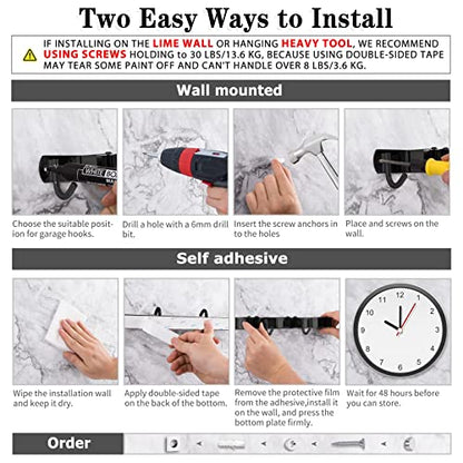 AceMining 2 Pack Black 5 Racks and 4 Hooks Mop and Broom Holder Wall Mount, Broom Organizer Storage Tool Racks Stainless Steel Heavy Duty Hooks Self Adhesive Solid Non-slip for Home Kitchen Garden | Mop Holder Wall Mount and Broom Hanger for Garage, Laund
