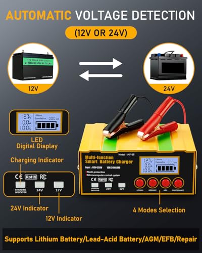 12-Amp Smart Battery Charger,Lithium,Lead-Acid(AGM/Gel/SLA) Pulse Repair Car Battery Charger,Trickle Charger,Maintainer/Deep Cycle Charger,12V/10A | 24V/7.5A for Automotive,Boat,Motorcycle,Lawn Mower