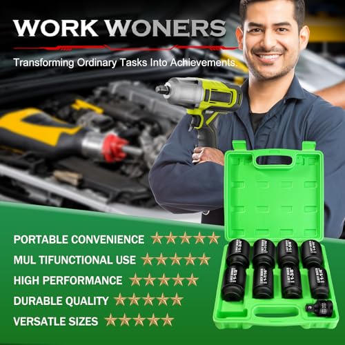 1/2" Drive Impact Socket Set, 9-Piece Standard SAE Deep Axle Nut Sockets, 6-Point, Cr-Mo,1-1/4，1-3/8，1-7/16，1-1/2，1-9/16，1-5/8，1-11/16，1-3/4, Impact Socket Adapter (3/4" x 1/2") - size: 9 Piece 1/2" SAE Impact Socket Set