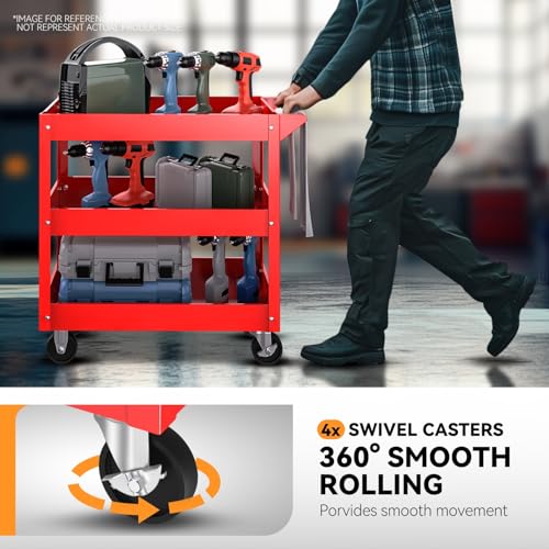 Auto Dynasty 3-Tier Rolling Service Cart 220 lbs Capacity Tool Cart on Wheels Heavy Duty Utility Cart for Warehouse, Garage and Mechanic Work, Red - size: 220lbs