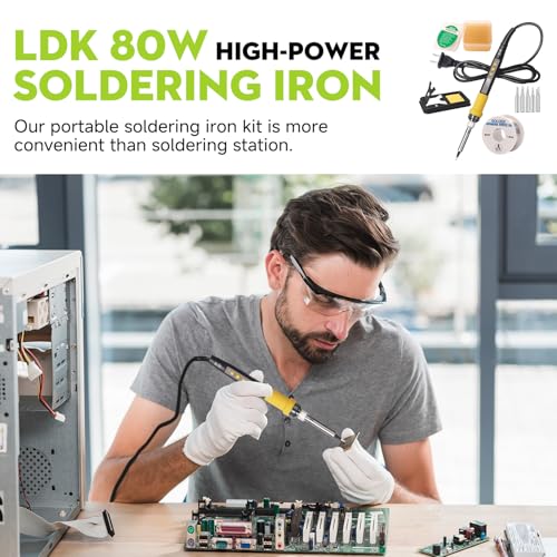 LDK 80W Soldering Iron Kit, 110V Digital Soldering Iron with 5 Solder Tips, Solder Wire, Adjustable Temperature Solder Welding Tools, Fast Heating, Electrical Repair - color: Yellow