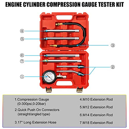 JIFETOR Engine Compression Tester 8PC Kit Cylinder Test Pressure Gauge Tool | 10 12 14 18mm Extension Rods & Tapered Adapters Testing Small Gasoline Engine Automotive Motorcycle Outboard Motor Snowmobile