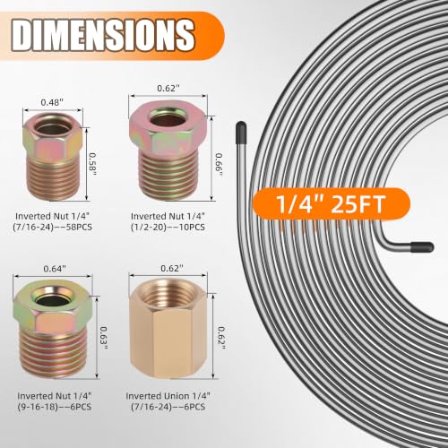 1/4" Brake Line Repair Kit, Double & Single Brake Line Flaring Tool Kit + 25ft 1/4 Inch Zinc Coated Brake Line with 32 Pcs Fittings(4 Unions Included) + Brake Line Bender - color: Silver, size: 1/4"