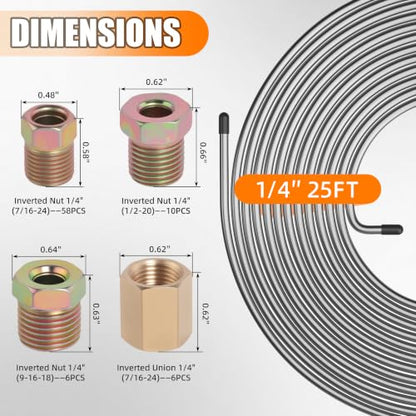 1/4" Brake Line Repair Kit, Double & Single Brake Line Flaring Tool Kit + 25ft 1/4 Inch Zinc Coated Brake Line with 32 Pcs Fittings(4 Unions Included) + Brake Line Bender - color: Silver, size: 1/4"